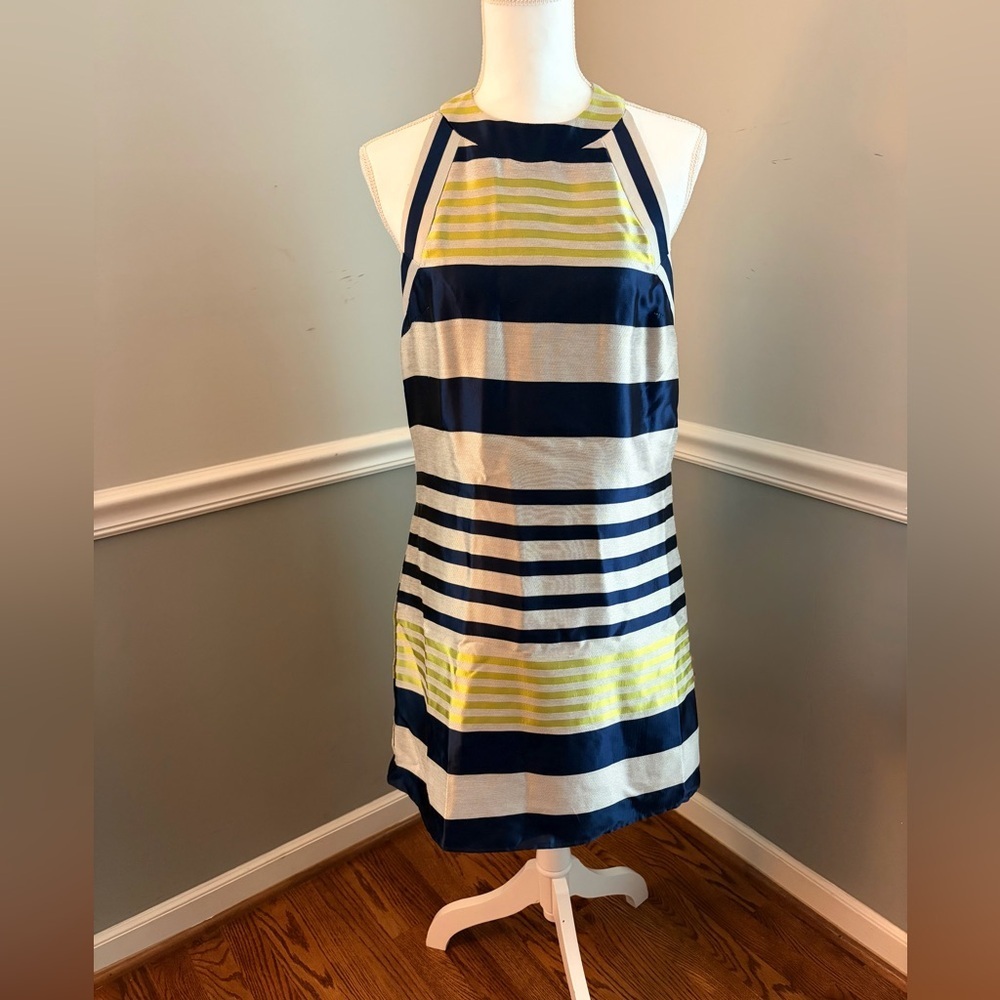 NWT Hutch Anthropologie Nautical Stripe Halter Dress L Navy Chartreuse Cocktail